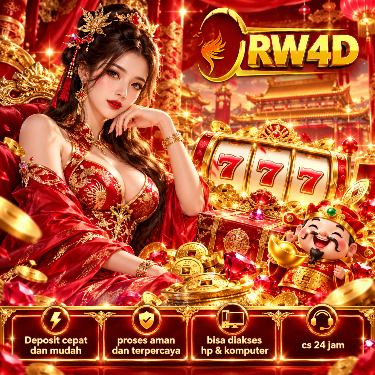 Banner RW4D 2: ilustrasi hiburan game digital bergaya merah dan emas dengan logo RW4D