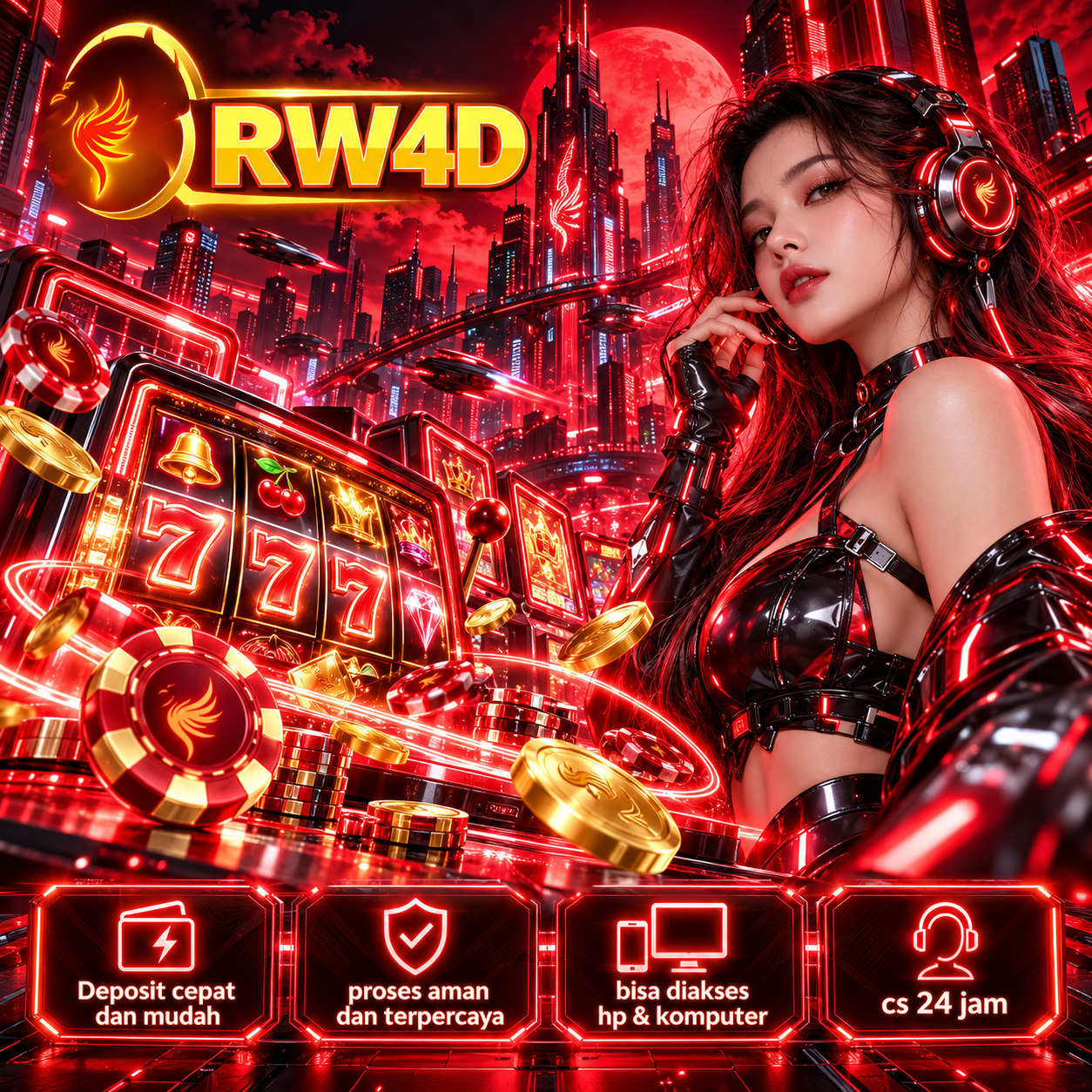 Banner RW4D 3: ilustrasi hiburan game digital bergaya merah dan emas dengan logo RW4D