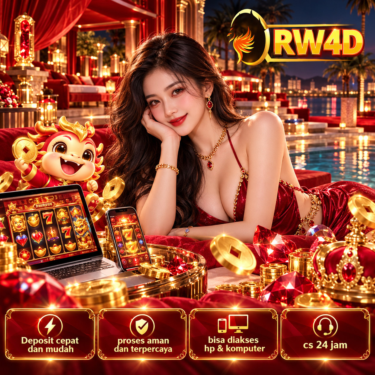 Banner RW4D 1: ilustrasi hiburan game digital bergaya merah dan emas dengan logo RW4D